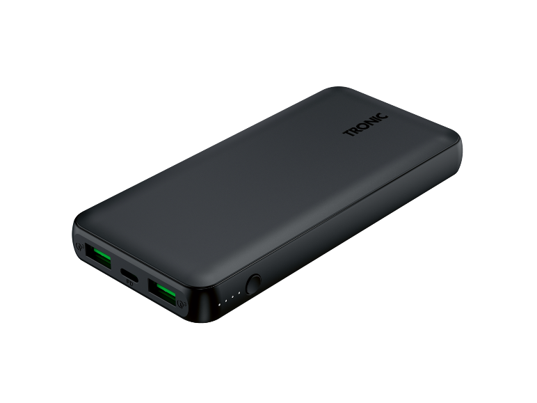 Black power bank with USB ports and LED indicators.
