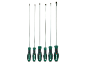 A set of six screwdrivers with green and black handles, including Phillips and flathead types.