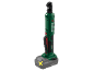 Cordless ratchet wrench with a green body and a grey battery pack