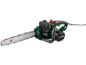 Electric chainsaw with a green body and a silver blade.