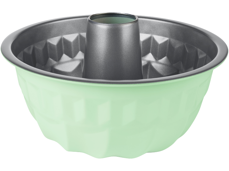 Light green baking pan with a black interior and an embossed pattern.