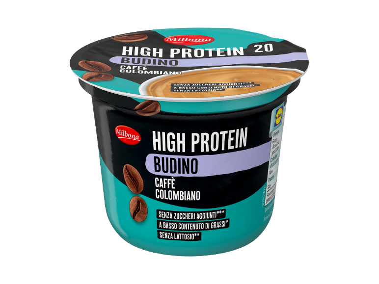 High protein Colombian coffee pudding, sugar-free, low-fat, and lactose-free.