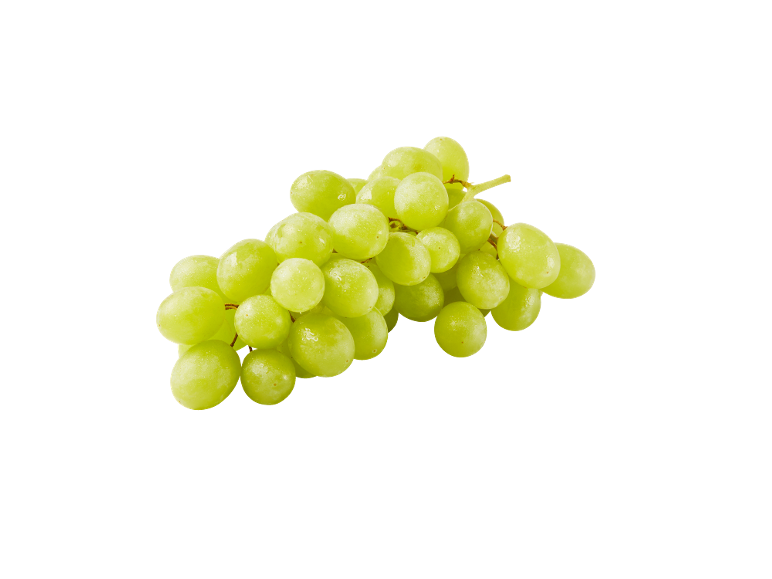 A bunch of green grapes with visible water droplets.