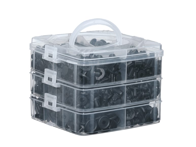 Clear three-tier storage box filled with black plastic clips and fasteners.