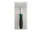 Notched trowel with green and black handle