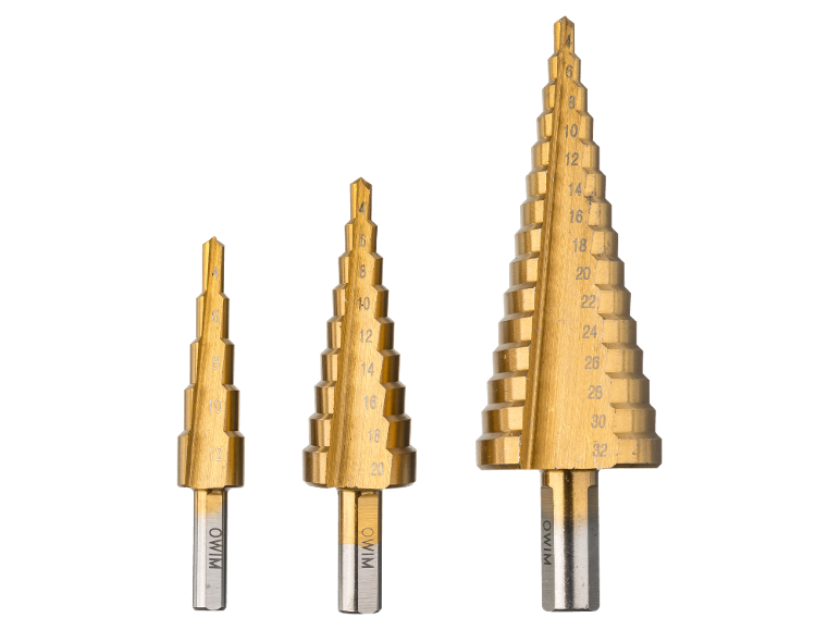 Set of three golden step drills with size markings from 4 to 32 mm.