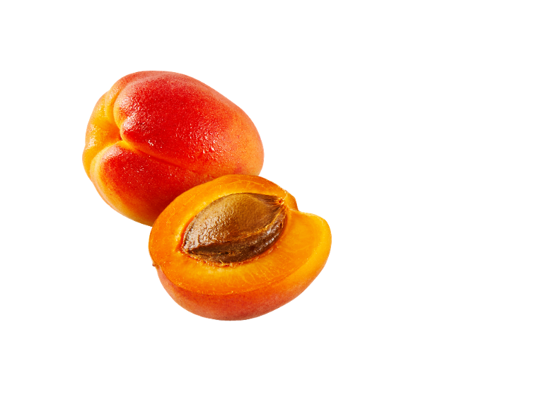 Two ripe apricots, one whole, the other cut in half with a visible pit.