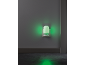 Green night light plugged into the wall, illuminating the floor.