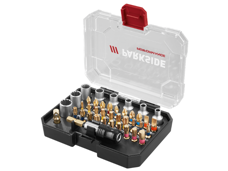Screwdriver bit and socket wrench set in a transparent case with a red clasp.