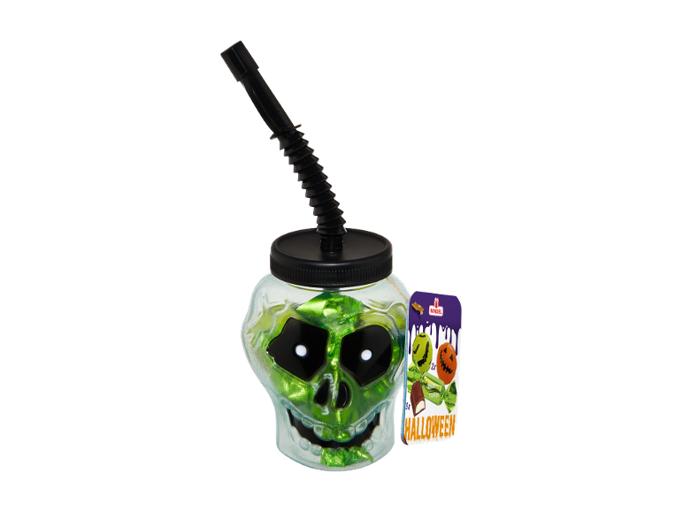 Green Halloween skull cup with a black straw and a candy tag.
