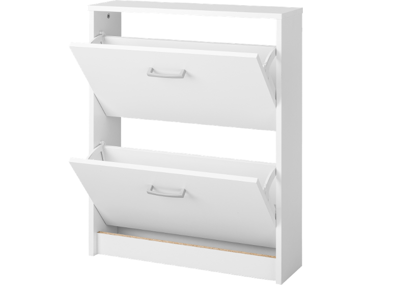 White shoe cabinet with two open tilt-out compartments and grey handles.