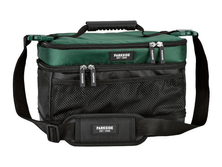 Green and black cooler bag with a shoulder strap and mesh pocket.