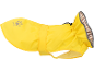 Yellow dog raincoat with a paw print and striped lining.