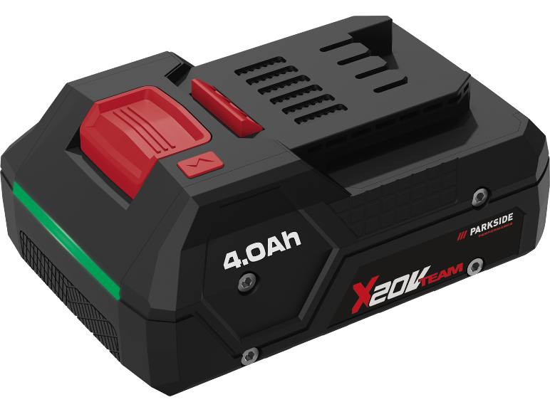 4.0 Ah battery for power tools, black with red and green accents.
