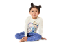 Girl in blue snowflake print pajamas and white T-shirt with Elsa.