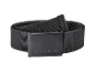 Black fabric belt with a black metal buckle, coiled on a black background.