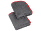 Two gray microfiber towels with red trim.