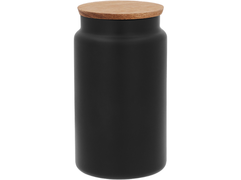Black kitchen canister with a wooden lid