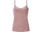 Pink camisole with lace trim.