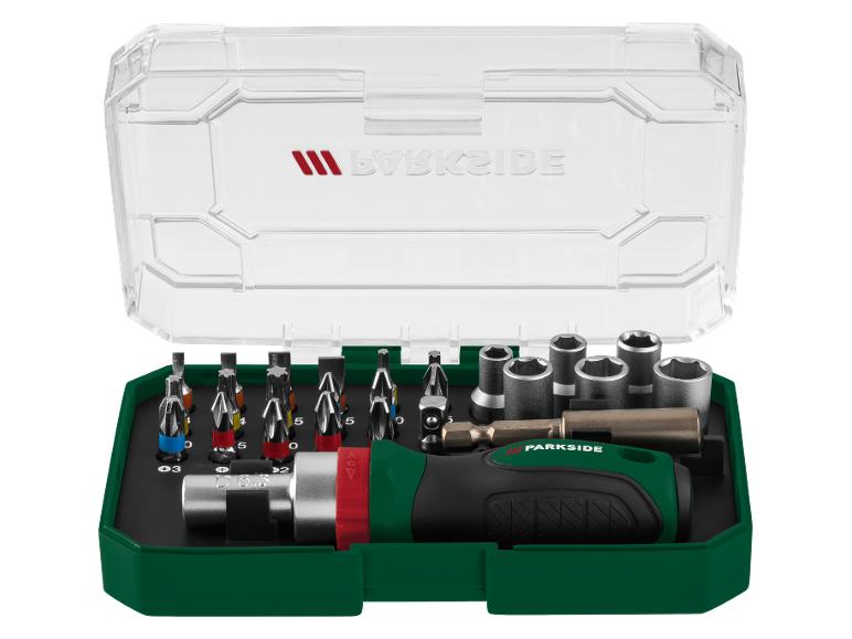 Ratchet screwdriver set with bits and socket wrenches in a transparent case.