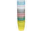 Stack of pastel-colored plastic bowls, including blue, white, gray, pink, green, and yellow.