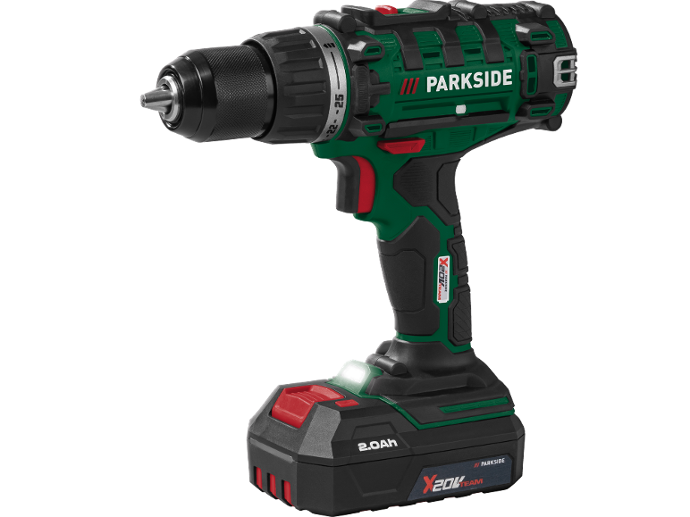 Green and black cordless drill with a 2.0Ah battery and LED light.
