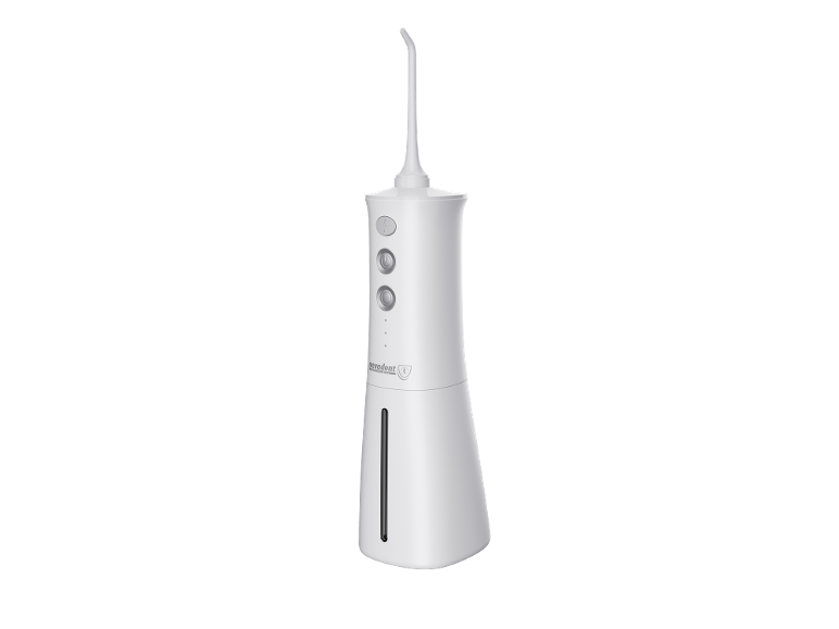 White dental water flosser with nozzle and control buttons.