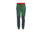 Sports trousers with a red waistband, green and dark grey panels, and text on the leg.