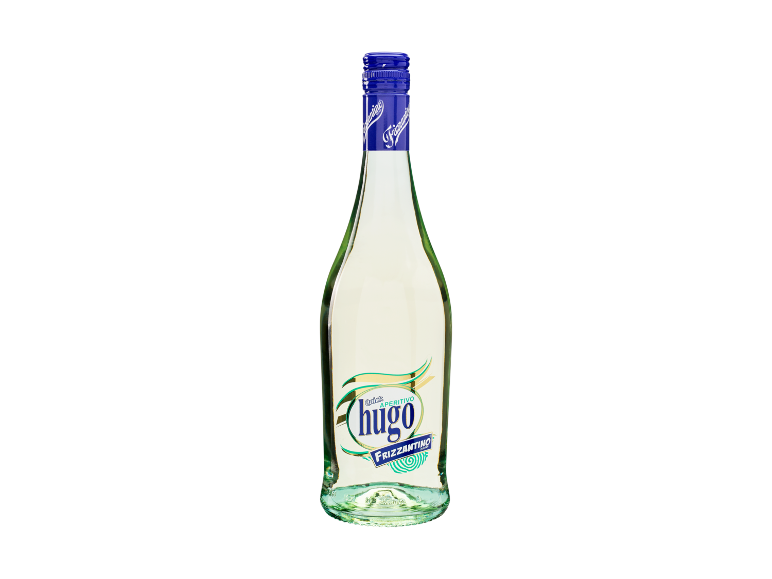 Bottle of frizzantino aperitif drink with 'hugo' label on a black background.