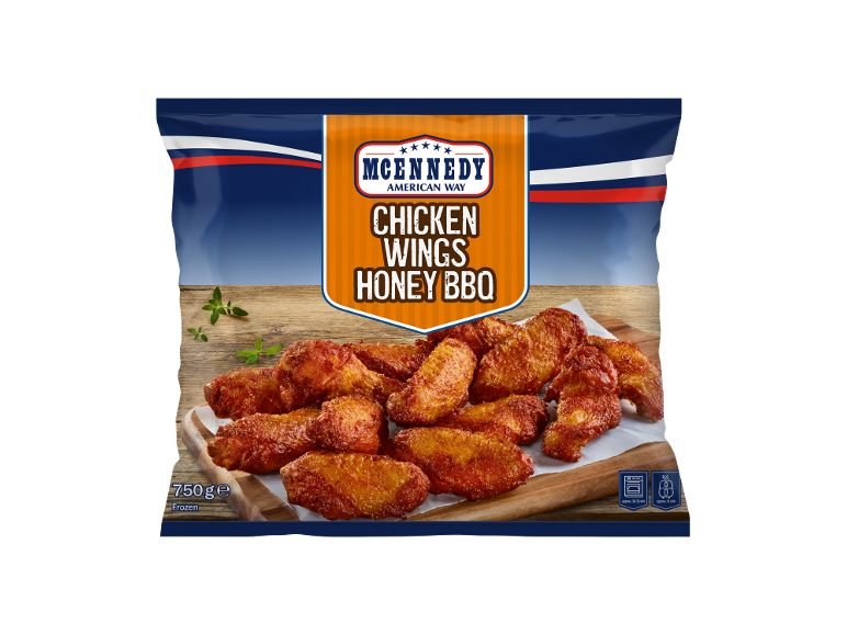 750g pack of frozen honey BBQ chicken wings, with cooking instructions.
