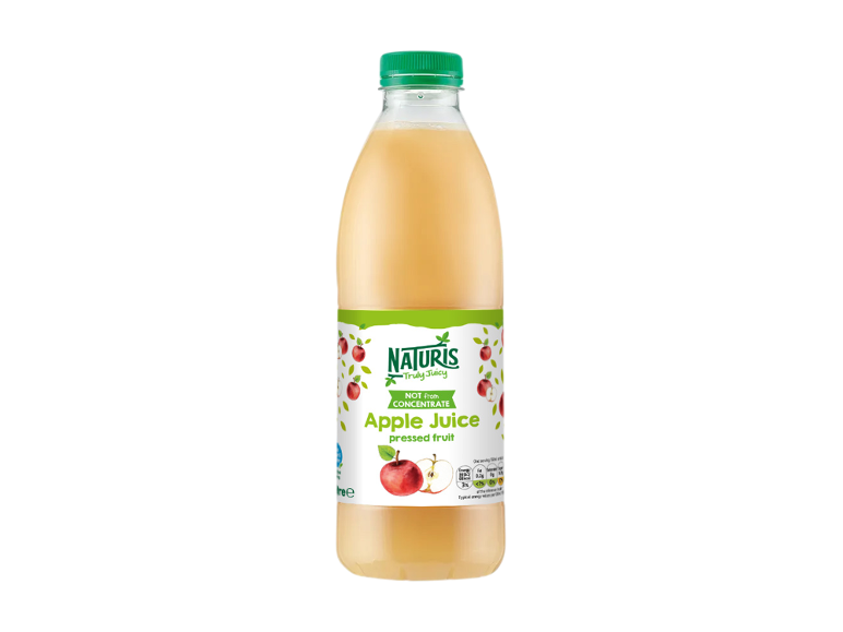 Bottle of cloudy apple juice, not from concentrate, with a green label and green cap.