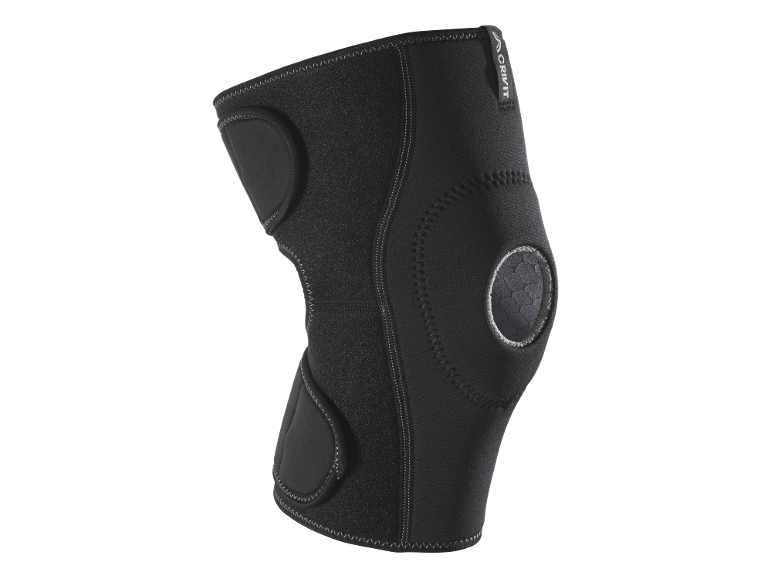 Black knee brace with reinforced padding and adjustable straps.