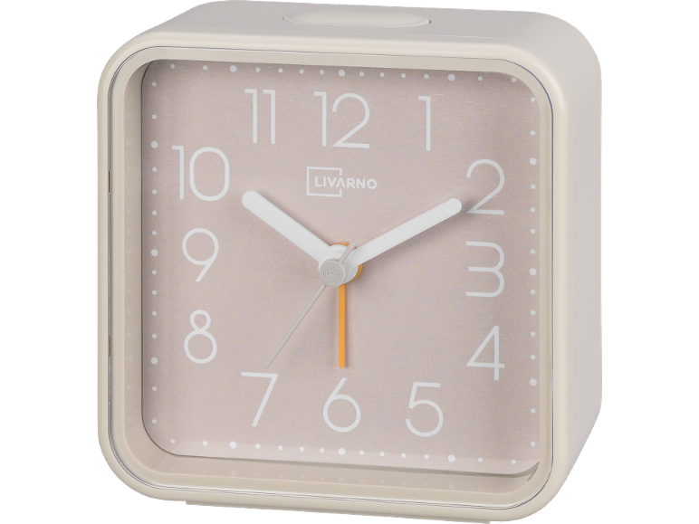 Beige square alarm clock with white numbers and hands.