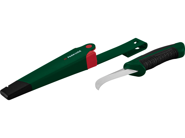 Green gardening knife with a curved blade and black handle, complete with a green sheath.