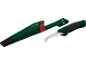 Green gardening knife with a curved blade and black handle, complete with a green sheath.