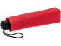 Red foldable umbrella with a black handle and a cord.