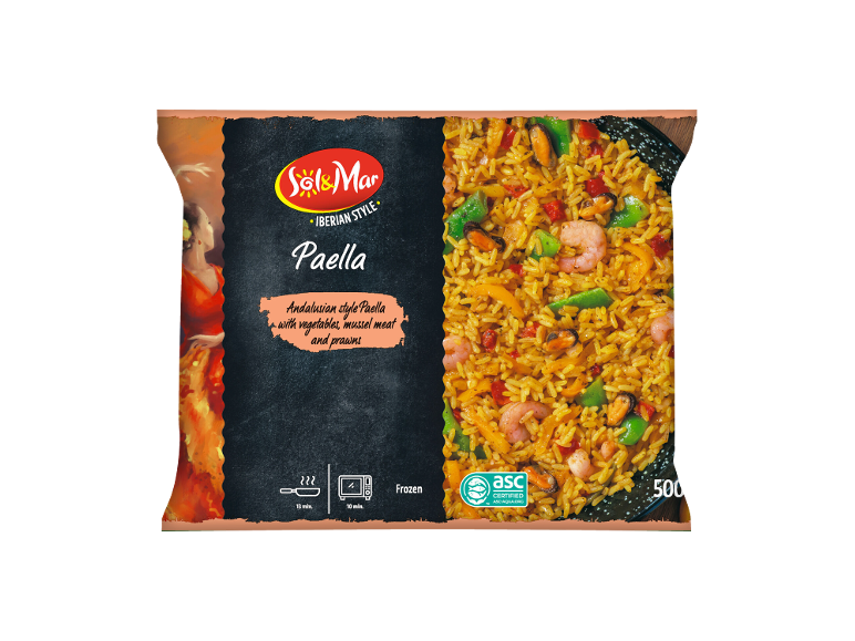 Frozen Andalusian style paella with vegetables, mussel meat and prawns.