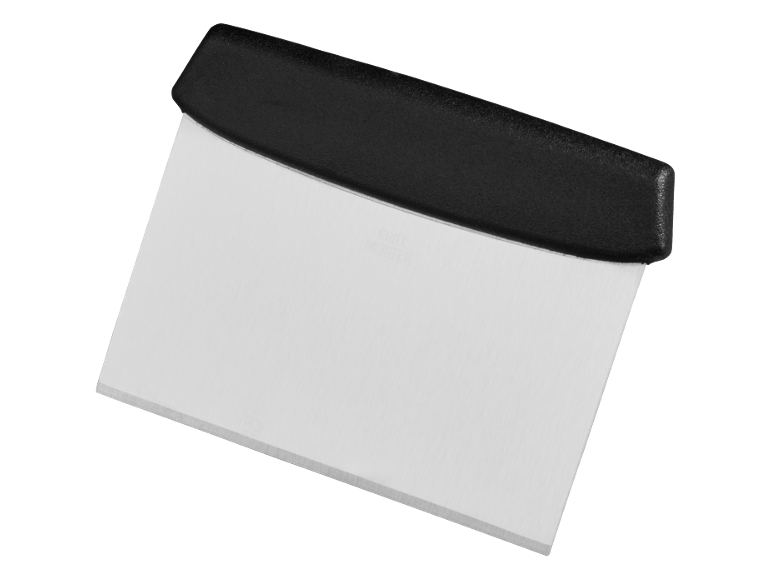 Dough scraper with a black handle and a metal blade.
