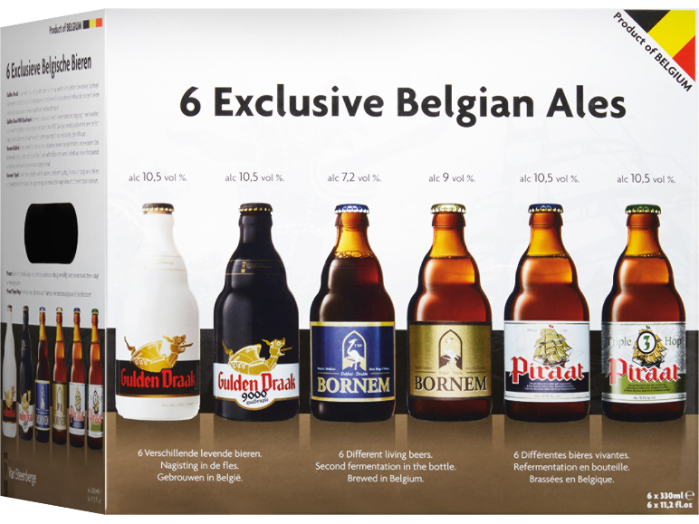 Six exclusive Belgian ales in bottles, with varying colors and labels.