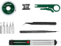 Soldering kit with desoldering braid, solder wire, soldering iron, and tools.
