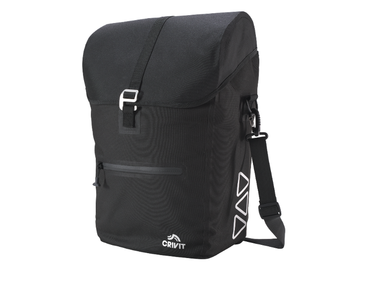 Black bicycle bag with buckle closure and reflective details.