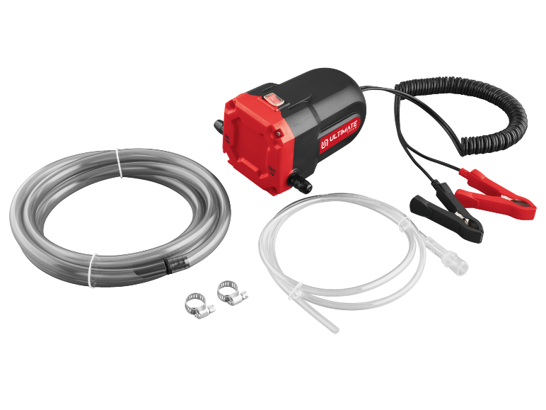 Oil transfer kit with pump, clear hoses, and battery clamps.