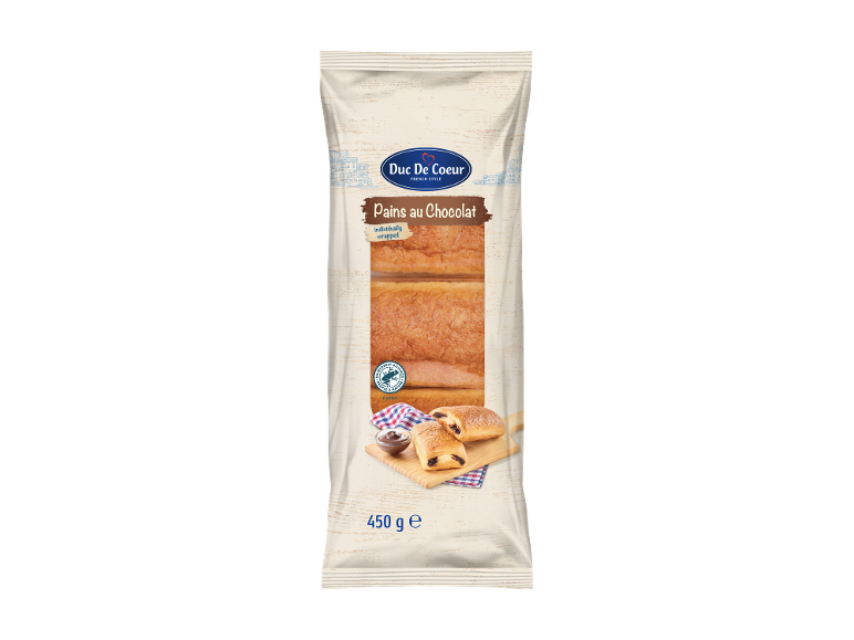 Individually wrapped pains au chocolat, cocoa certified.