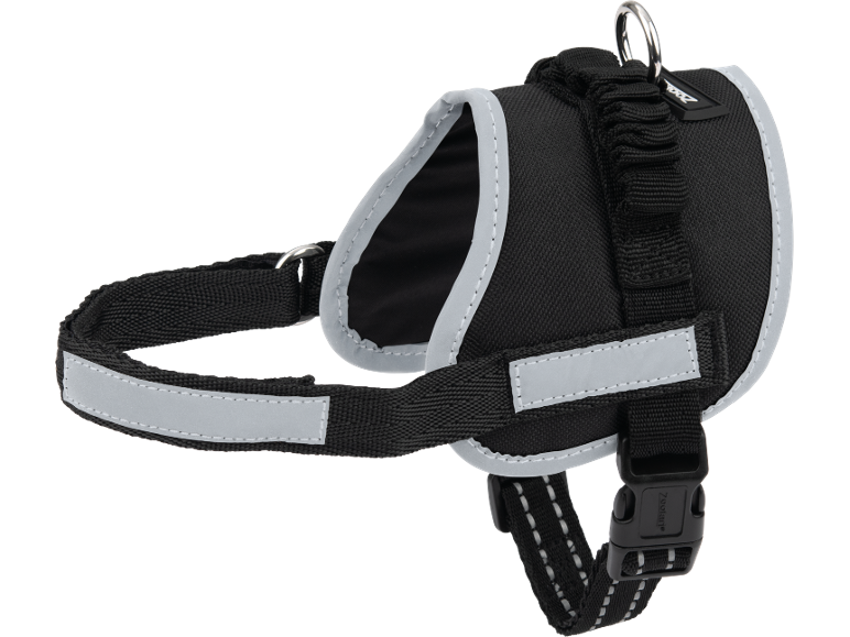 Black dog harness with reflective details and a metal ring.