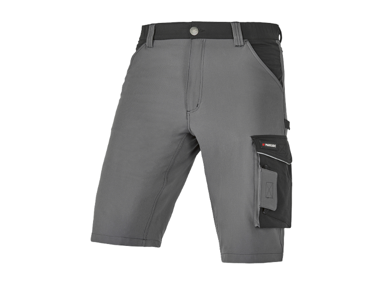 Grey work shorts with black details and a side pocket.