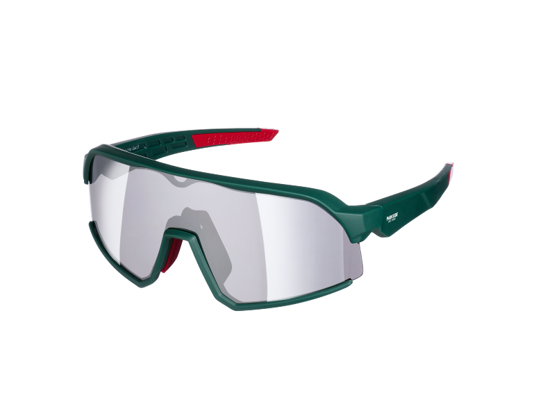 Green sports glasses with red accents and mirrored lenses.