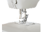 Close-up of a sewing machine with needle, presser foot, and blue thread.