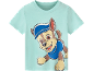 Mint green kids' T-shirt with a cartoon dog print wearing a blue hat.