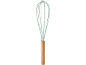Kitchen whisk with green silicone wires and a wooden handle.