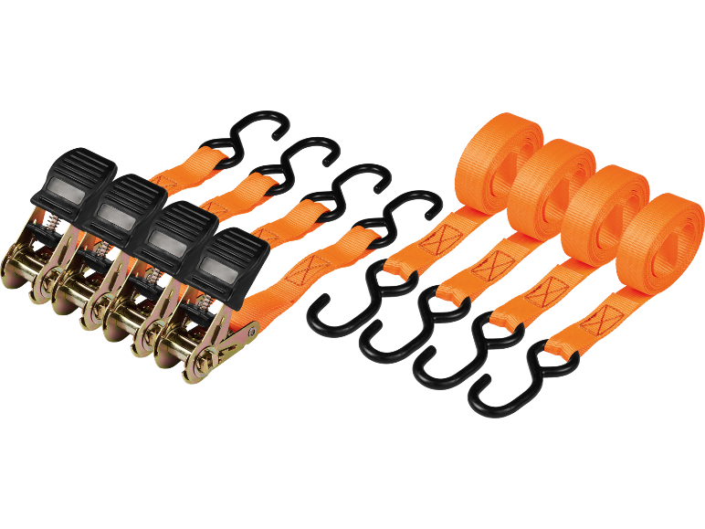 Set of orange ratchet straps with S-hooks for securing cargo.